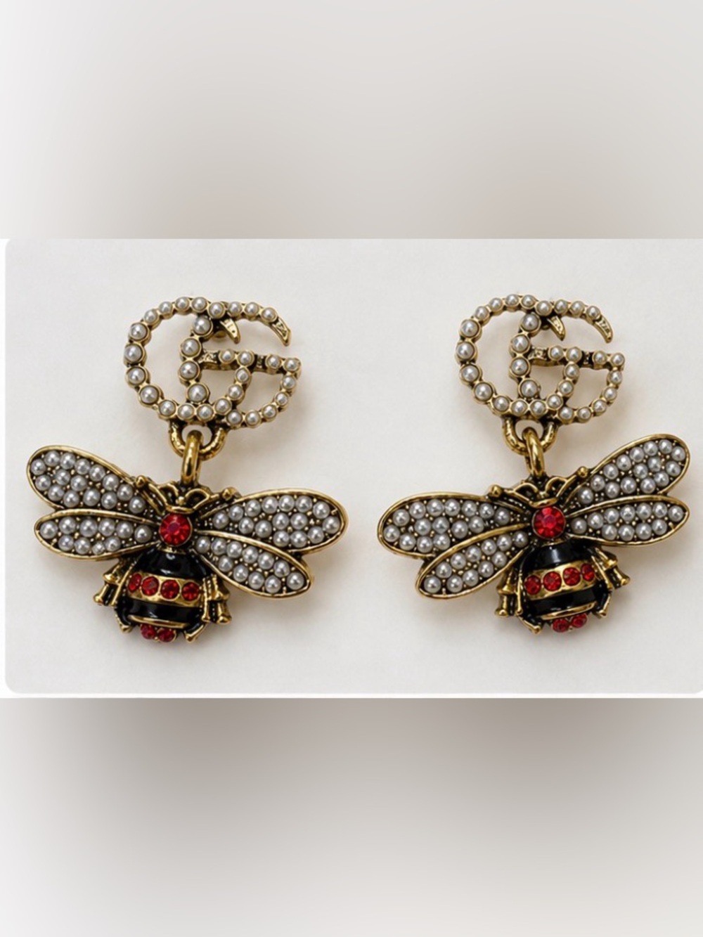 Designer Inspired Pearl Bee Drop Earrings Gold Red Rhinestone - Picture 6 of 6